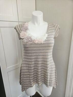 Dressbarn Striped Floral Accent Tunic Top